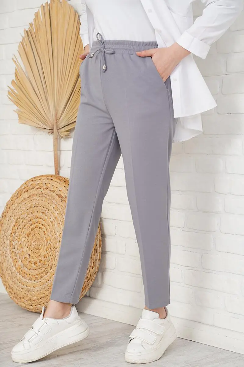 6624 Rope Detailed Elastic Waist Ankle Trousers Gray