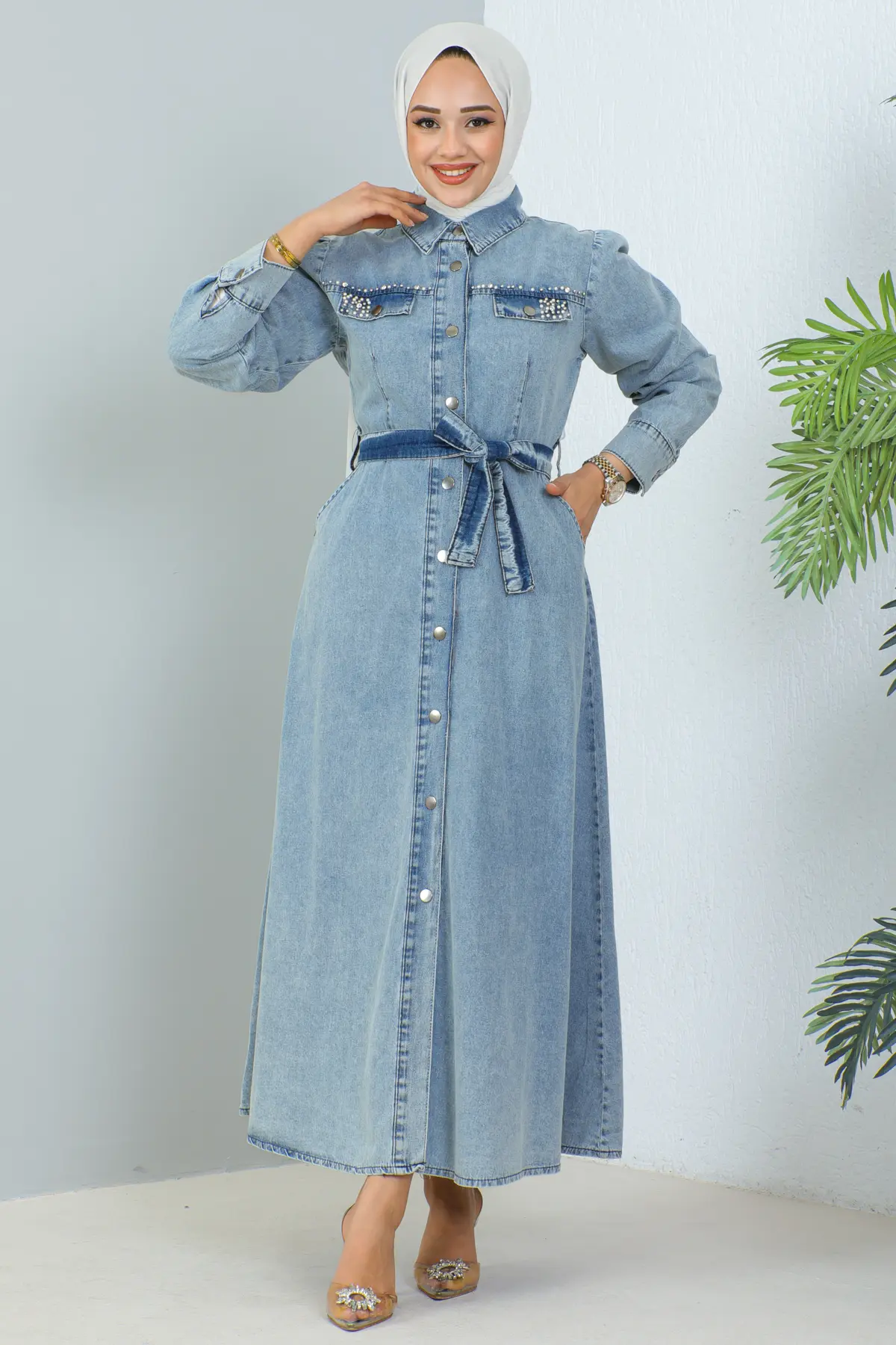 BEADED DENIM DRESS WITH POCKETS