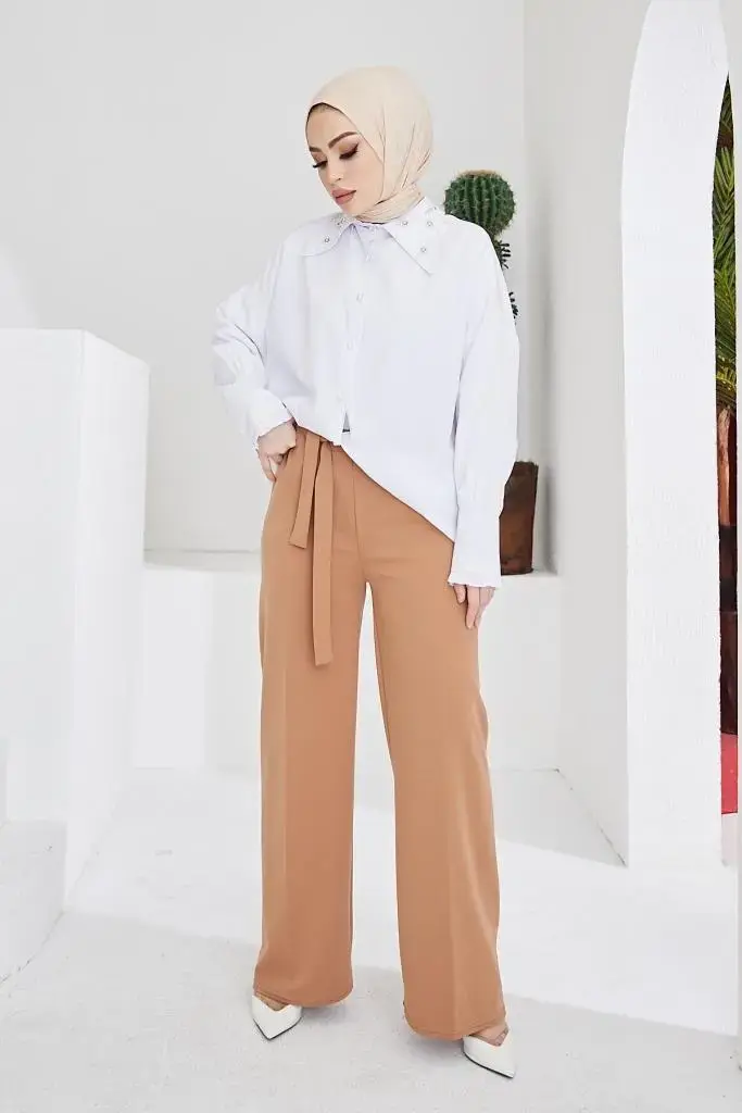 Beige Belted Hijab Pants