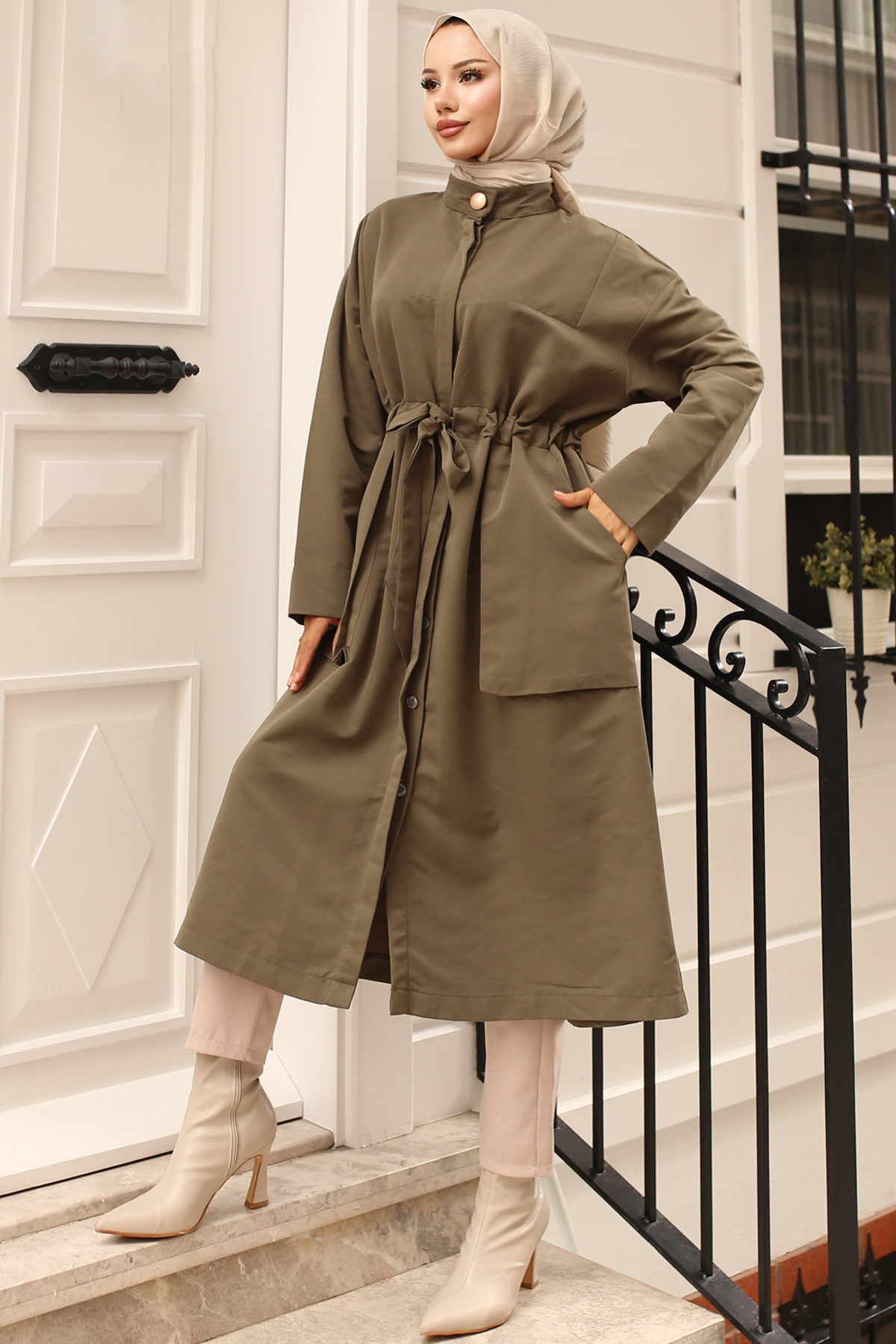 Belted Trench Coat with Button Detailed Collar