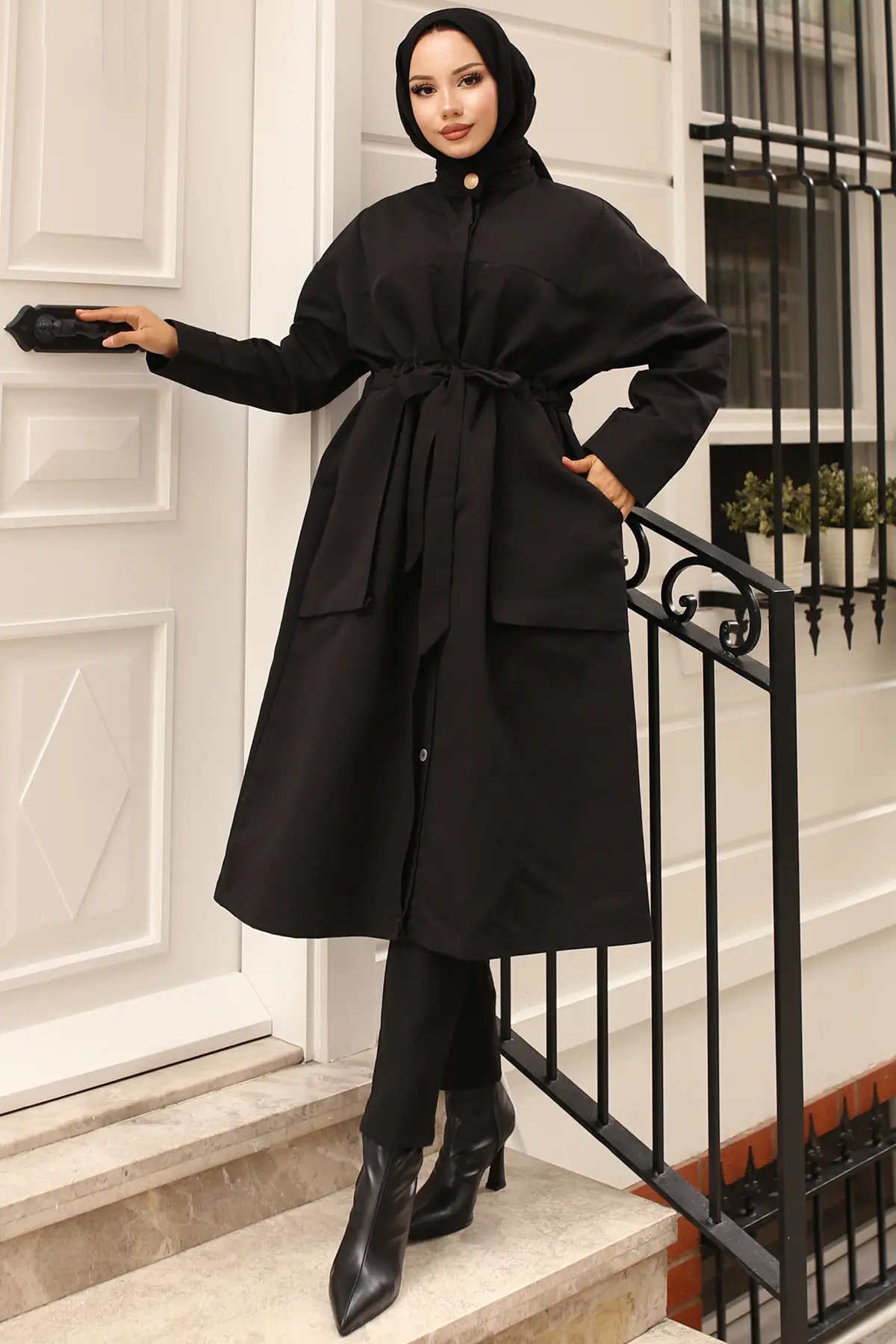 Belted Trench Coat With Button Detailed Collar