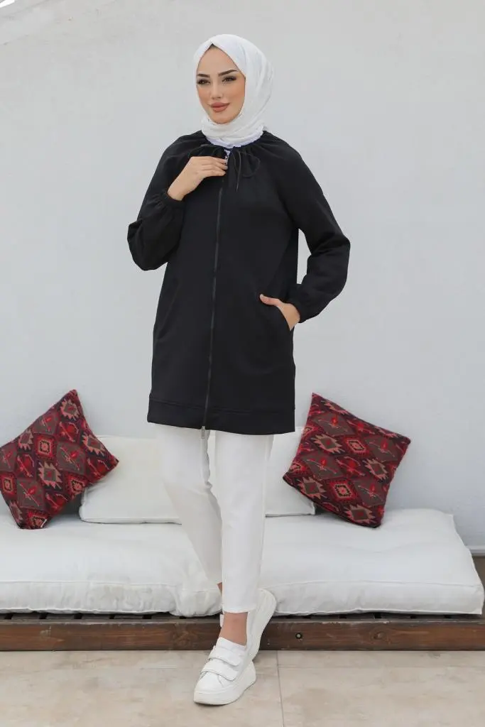 Black Zippered Scuba Hijab Cardigan