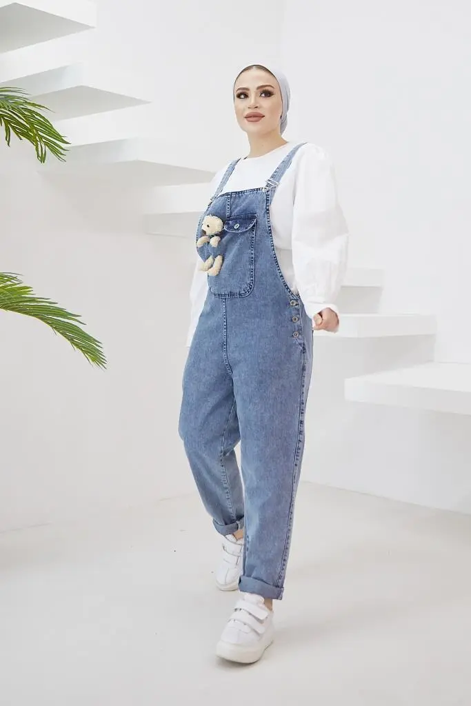 Blue Denim Overalls With Teddy Bear Accessory