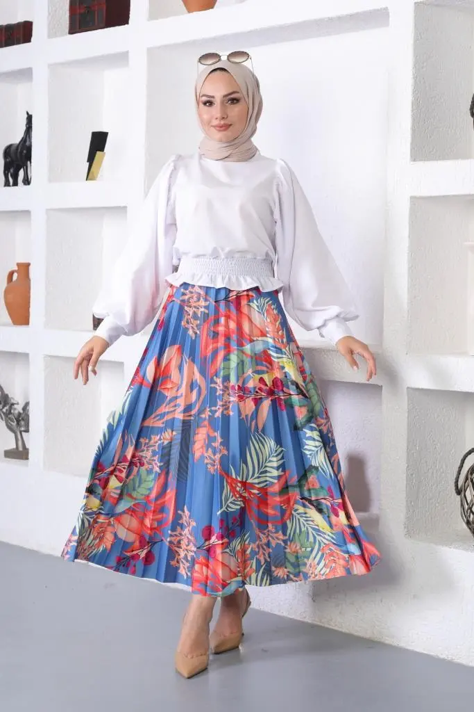 Blue Patterned Hijab Pleated Skirt