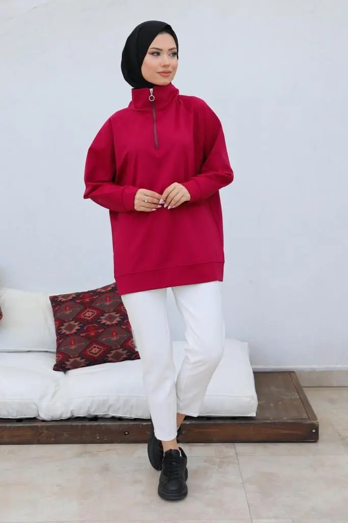 Claret Red Raglan Sleeve Raised Hijab Sweatshirt