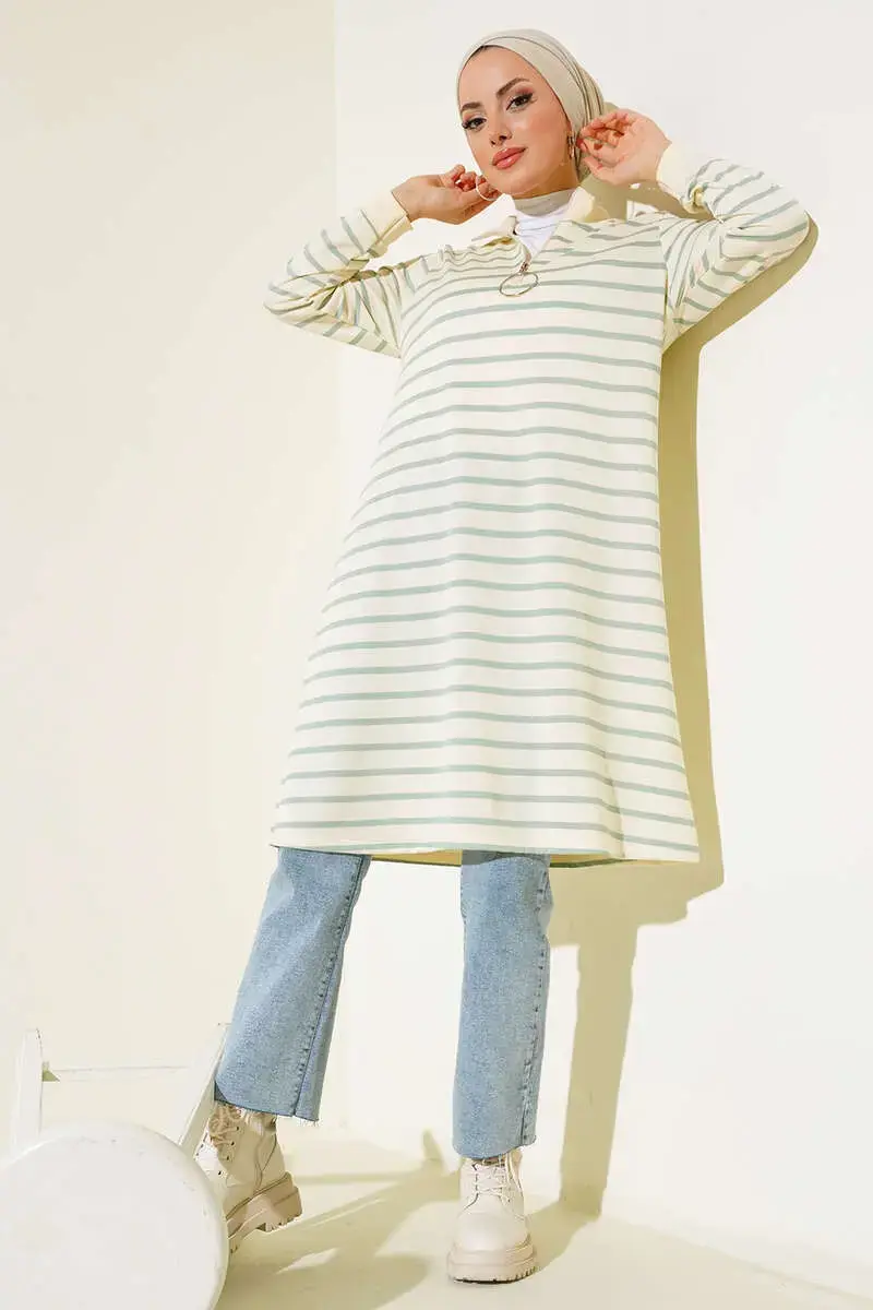 Collar Zipper Striped Tunic