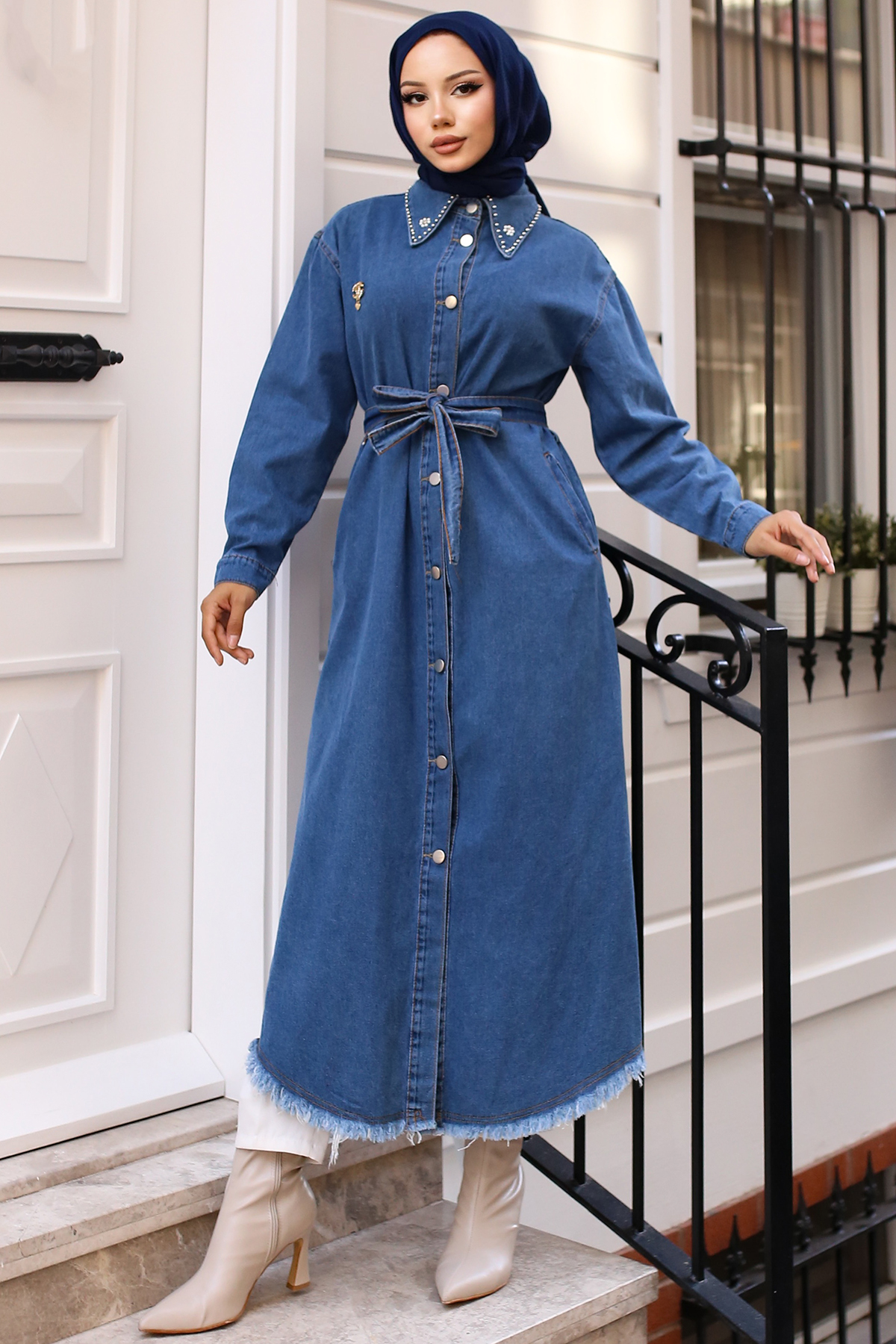 Denim Cape with Stone Detail Brooch on Collar