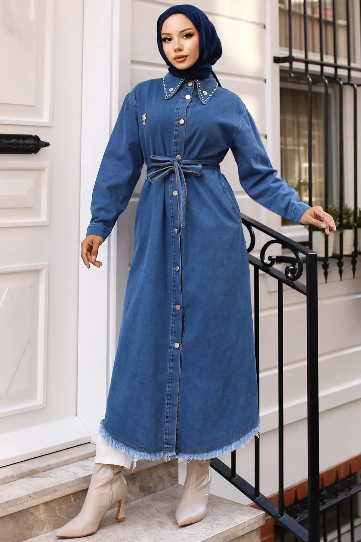 Denim Cape With Stone Detail Brooch On Collar