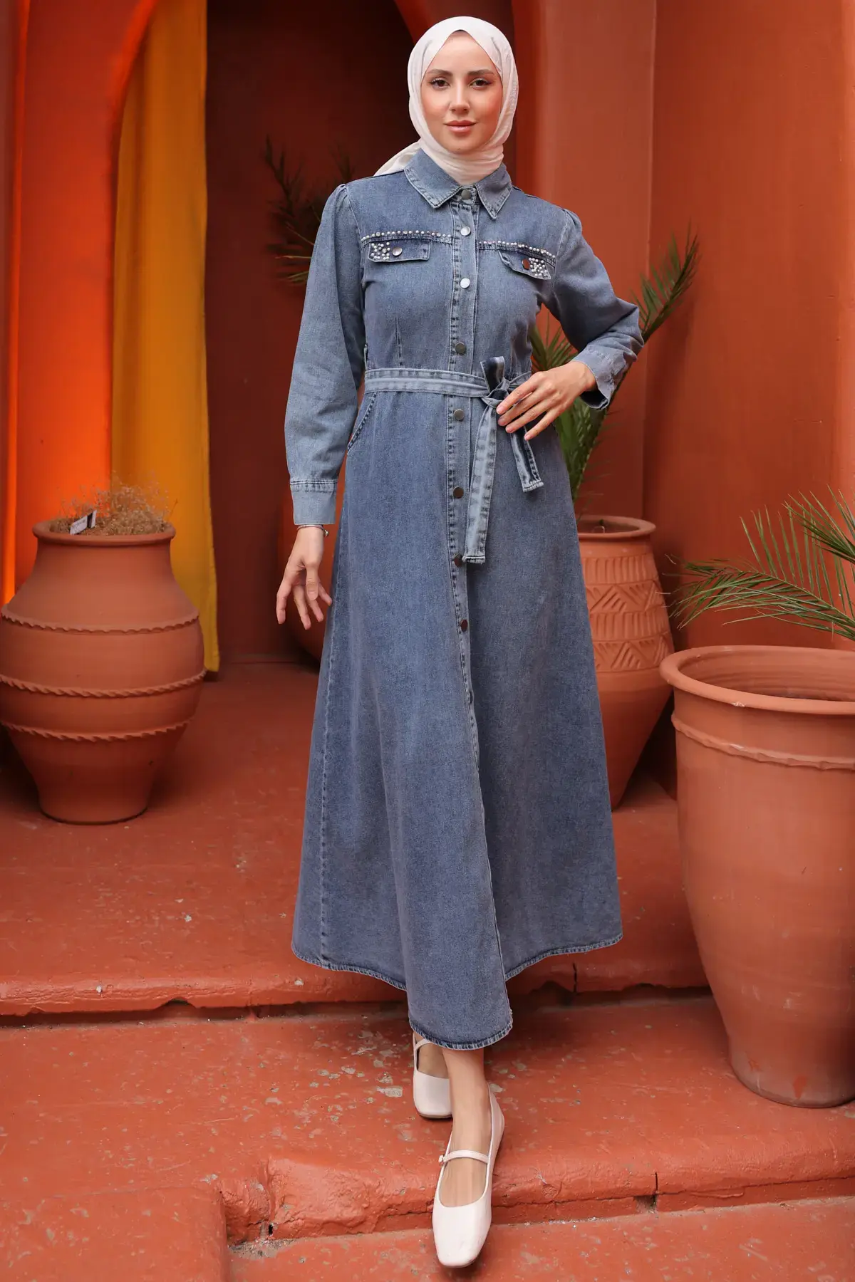 Denim Dress With Pockets And Bead Detail