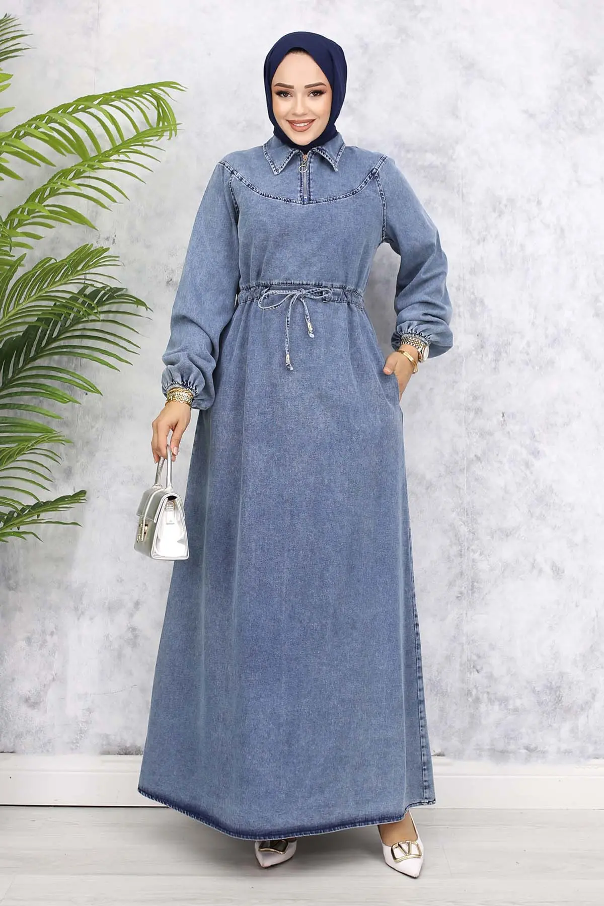 Denim Dress With Smocked Waist And Zippered Collar