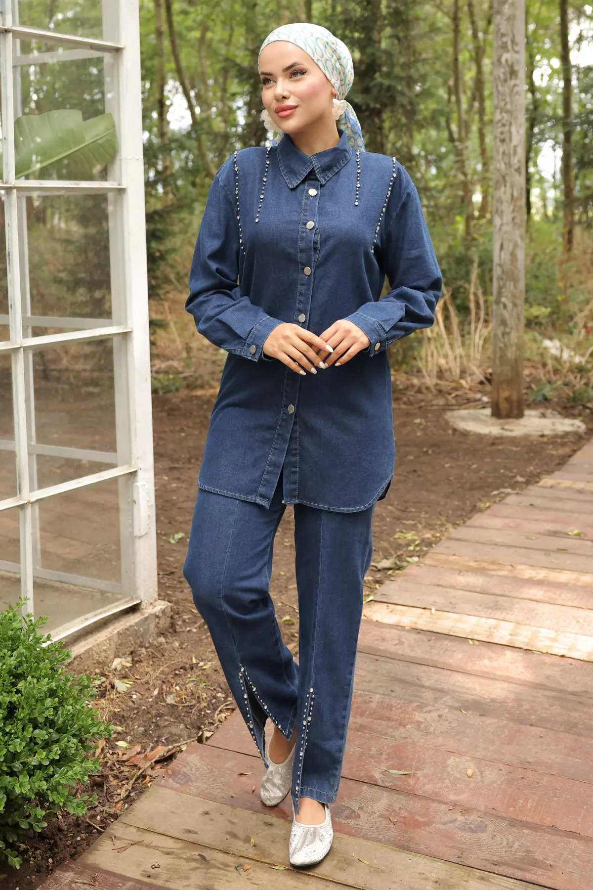 Denim Suit with Slit Cuffs and Stone Detail