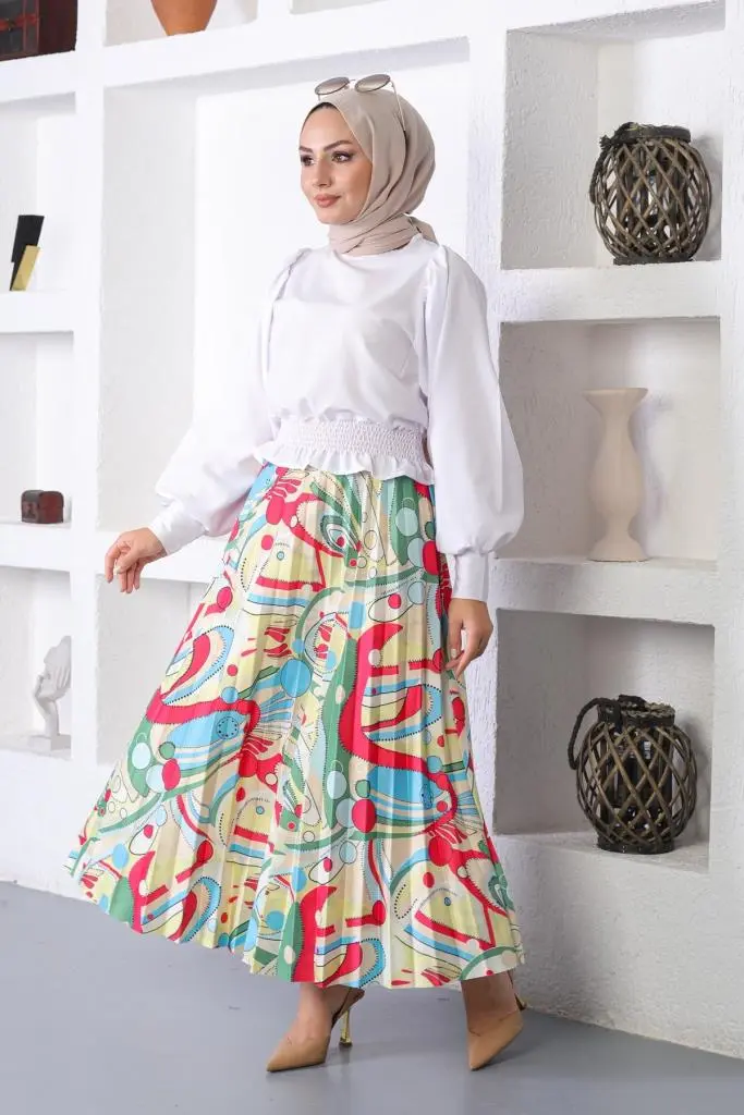 Fuchsia Patterned Hijab Pleated Skirt