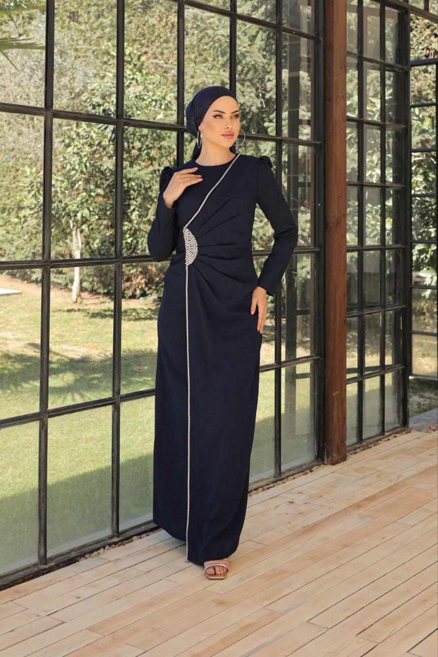 Hijab Evening Dress with Side Strip Stone Detail