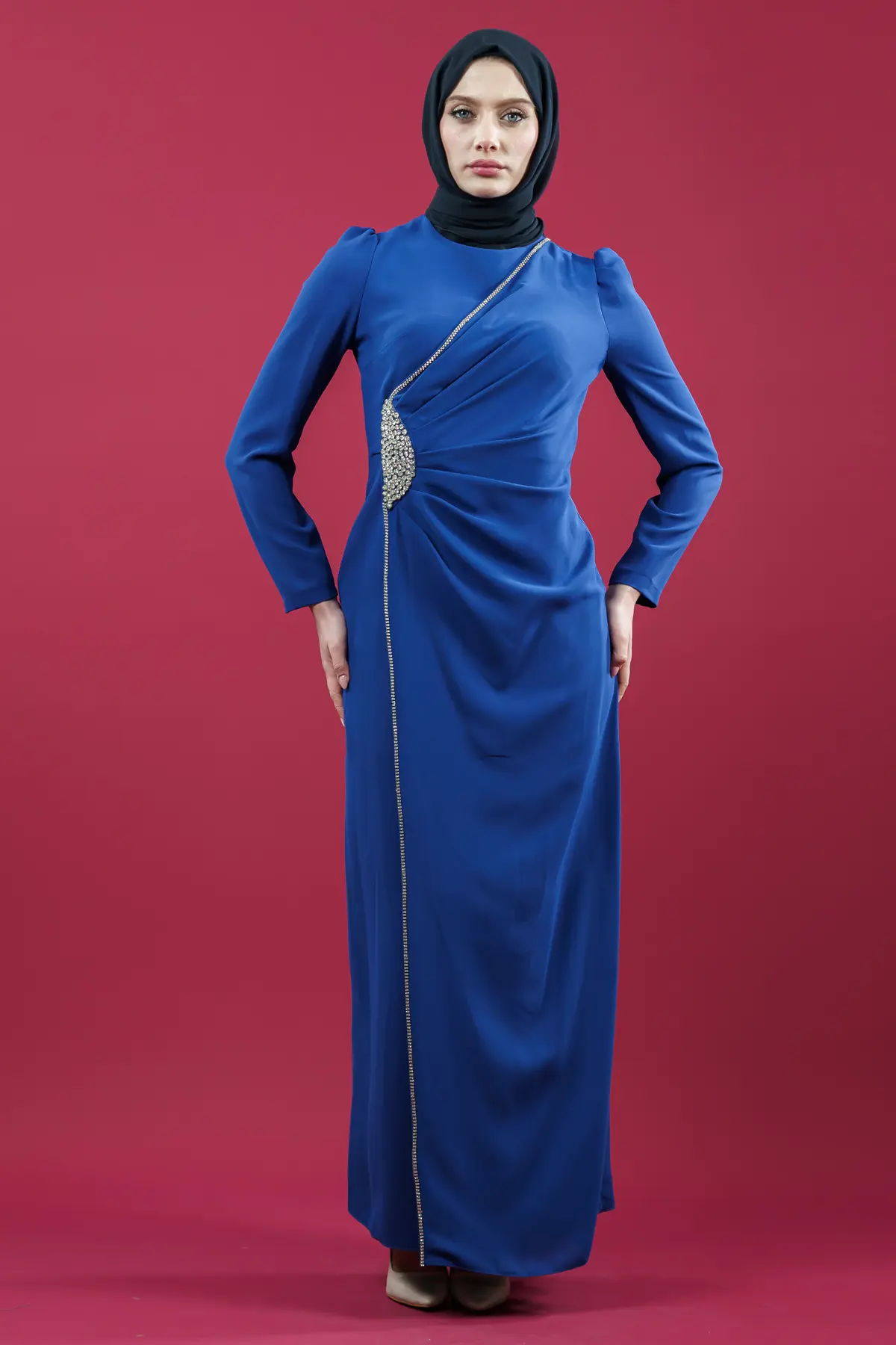 Hijab Evening Dress With Side Strip Stone Detail