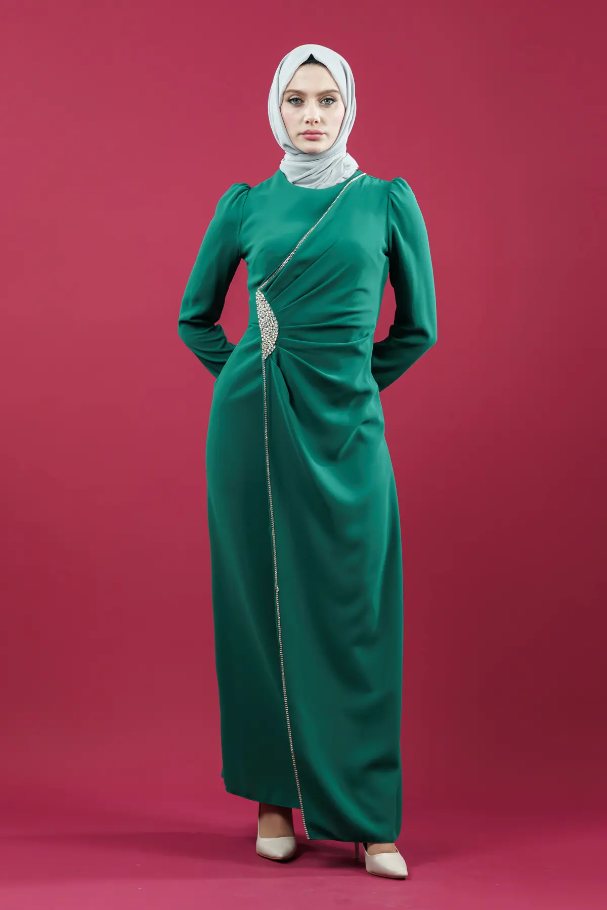 Hijab Evening Dress With Side Strip Stone Detail