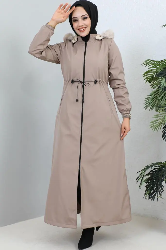 Hooded Long Coat with Fur Collar