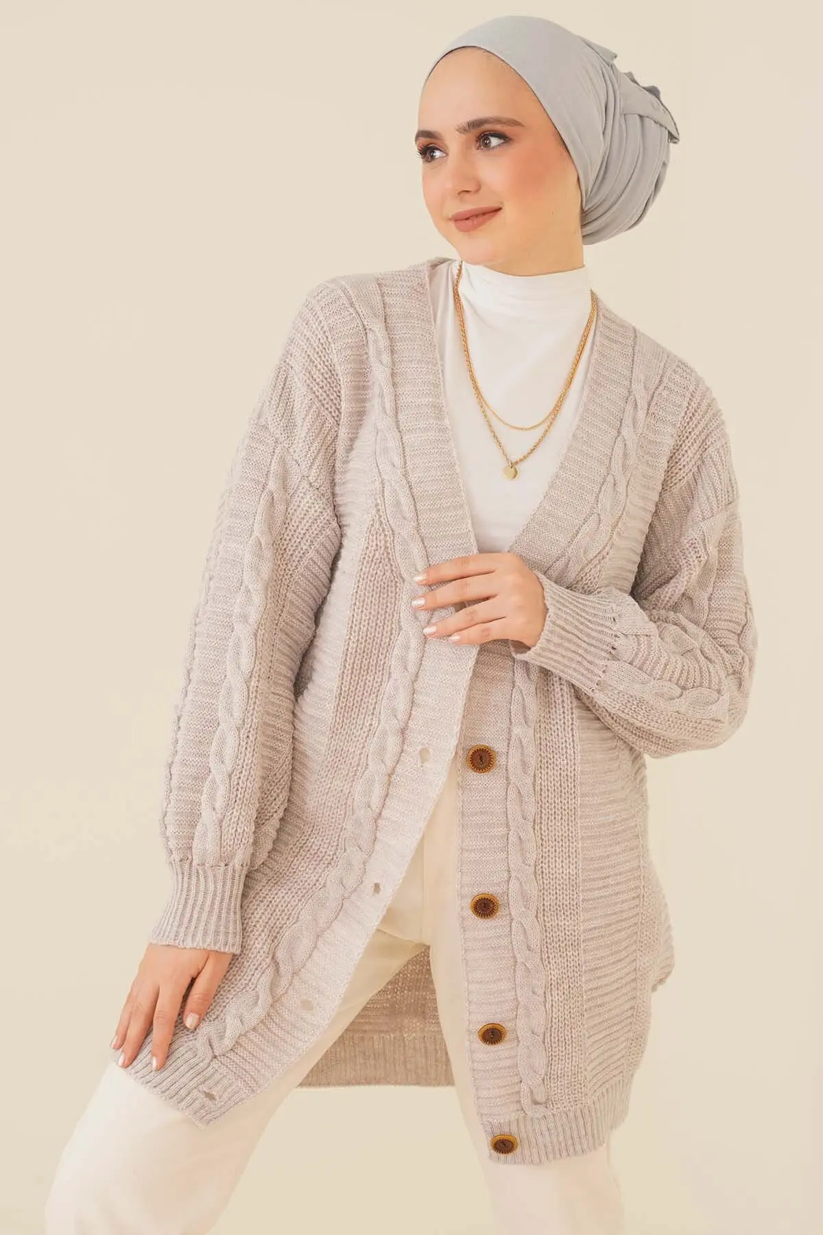 KNIT PATTERNED BUTTON FRONT STONE CARDIGAN