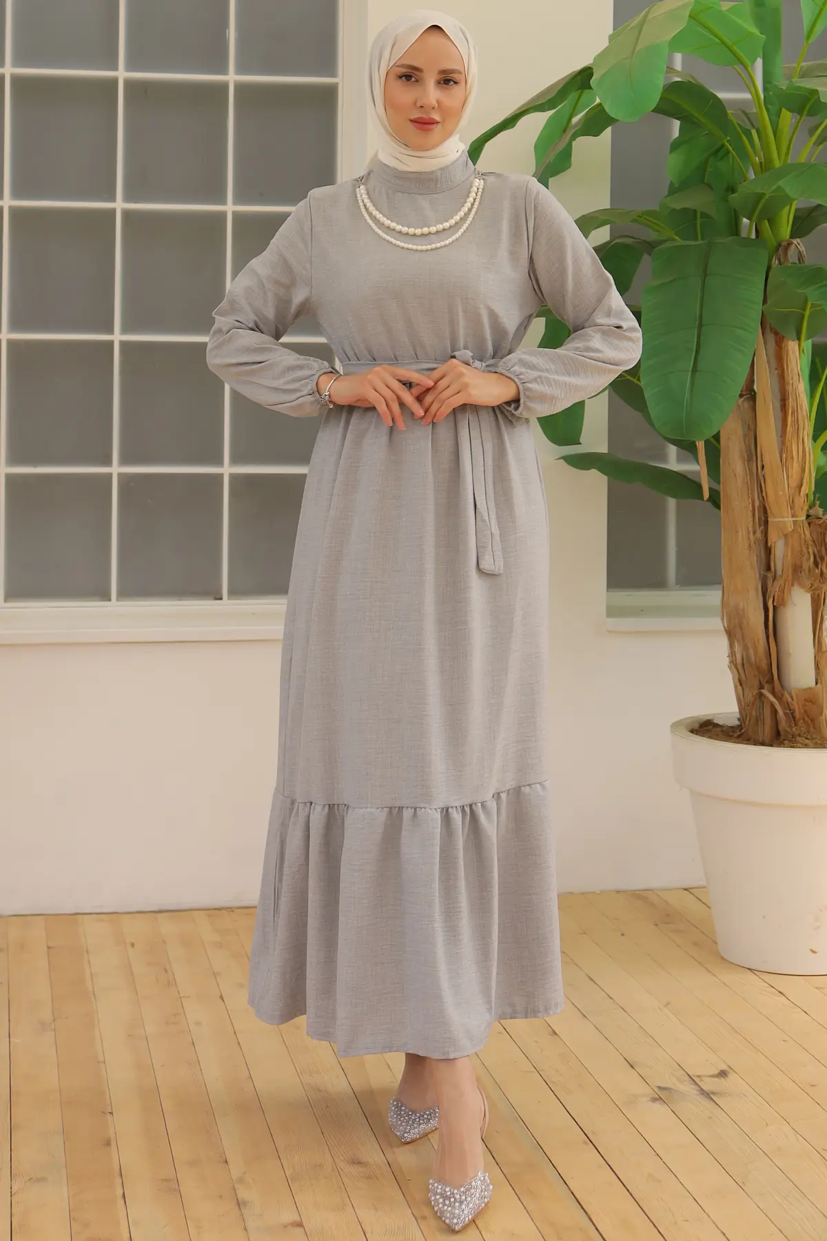 Linen Dress with Pearl Necklace