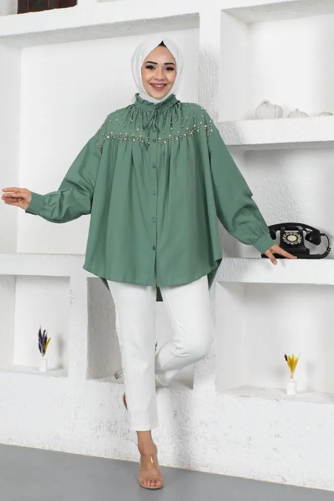 Mint Bead Detailed Hijab Shirt