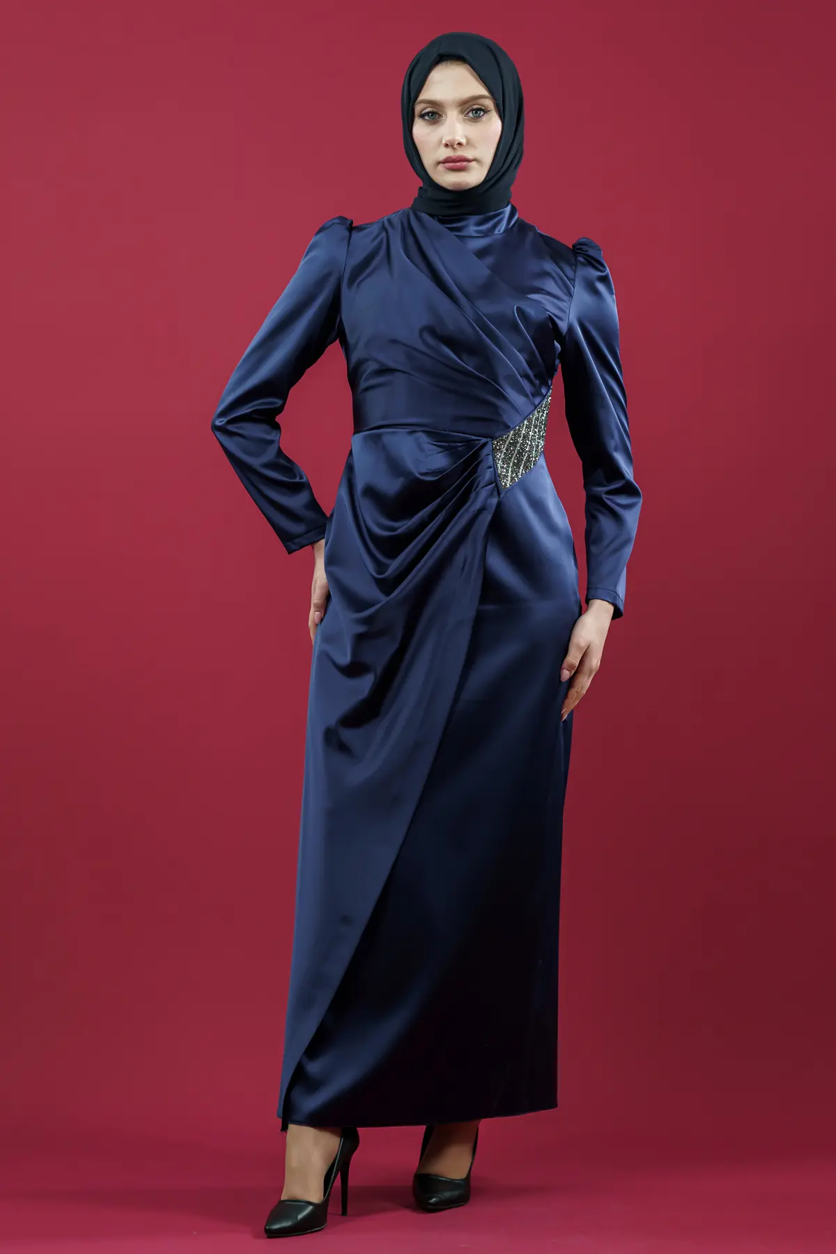 Navy Blue Satin Evening Dress