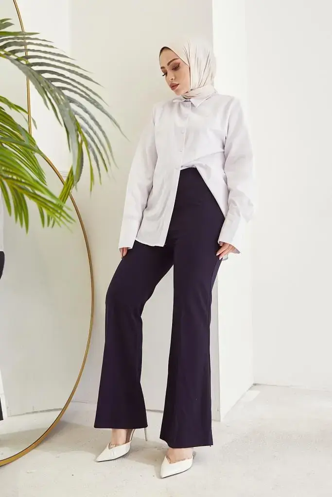 Navy Blue Spanish Cuffed Fabric Trousers