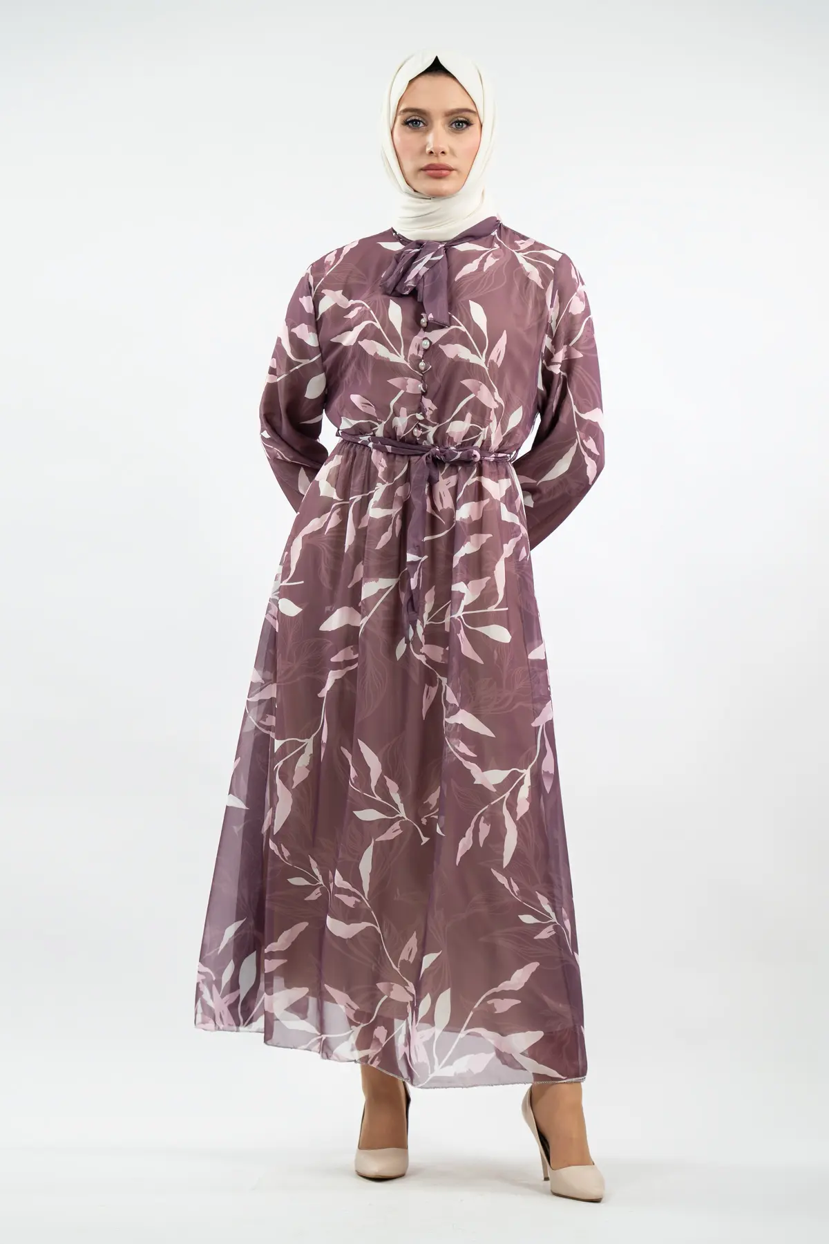 New Season Floral Patterned Purple Hijab Dress