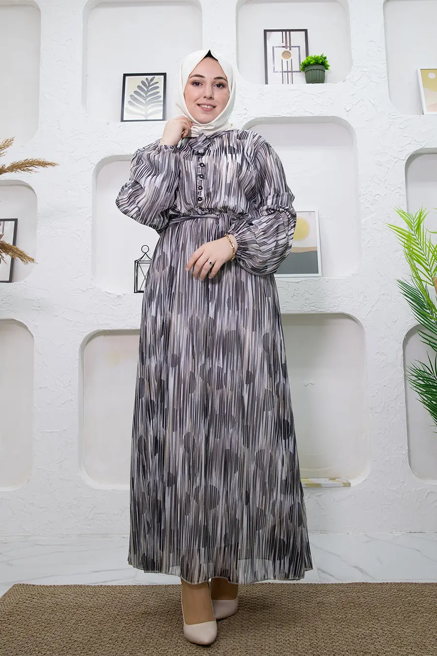 New Season Stripe Patterned Black Hijab Dress