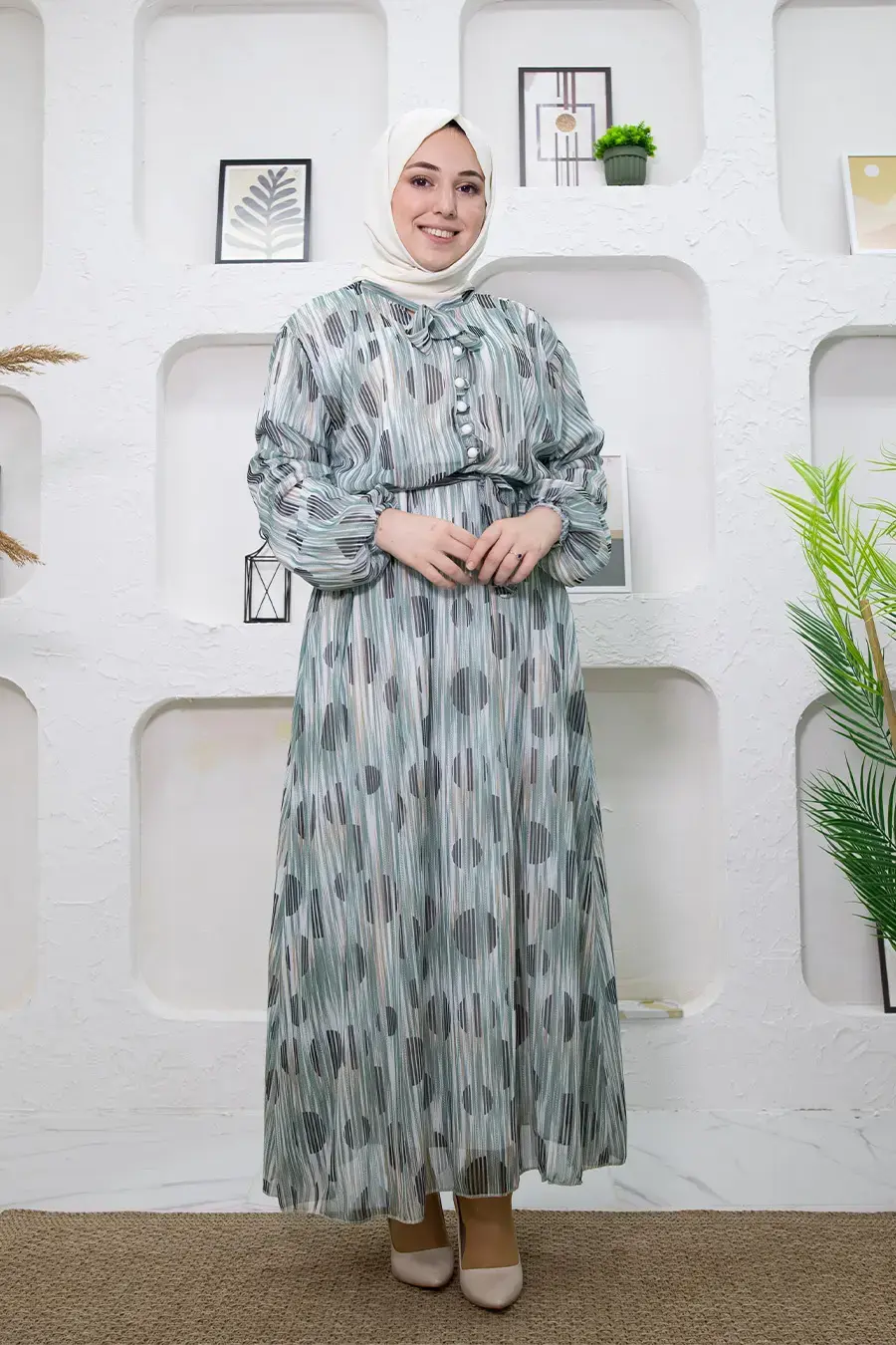 New Season Stripe Patterned Green Hijab Dress