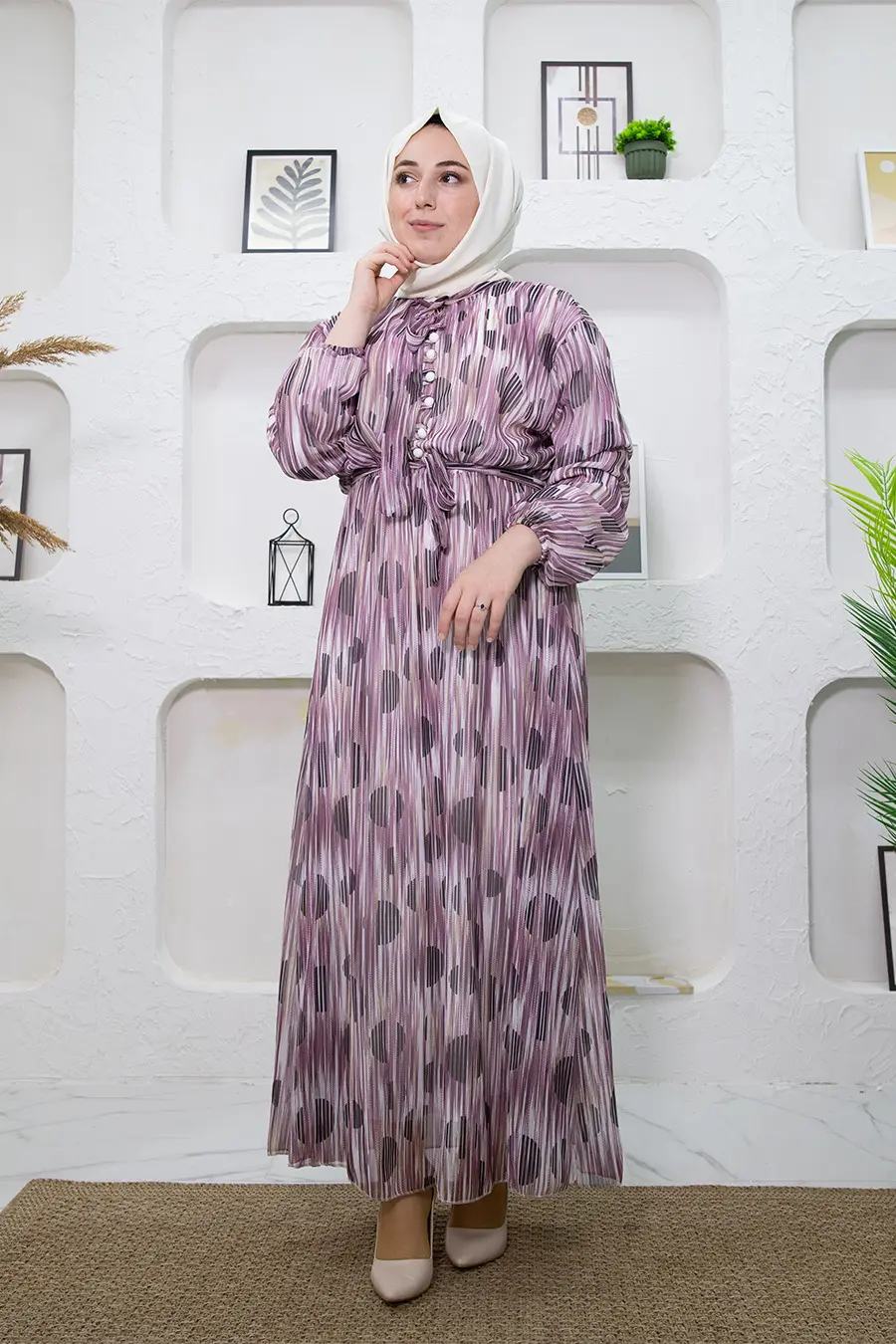 New Season Stripe Patterned Purple Hijab Dress