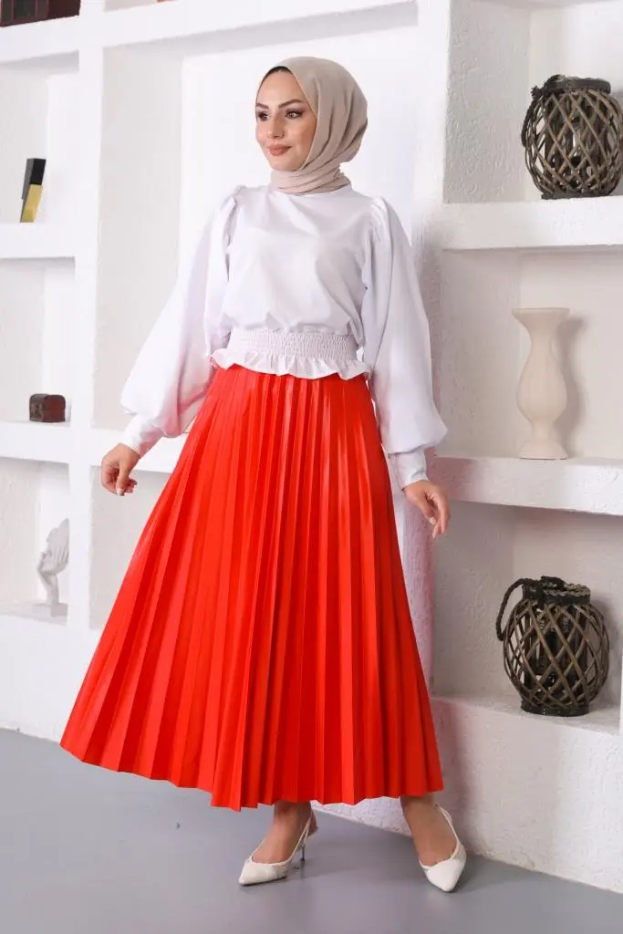 Orange Hijab Pleated Skirt