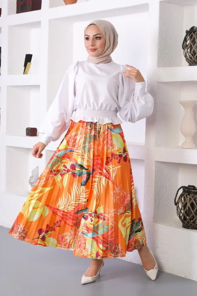 Orange Patterned Hijab Pleated Skirt