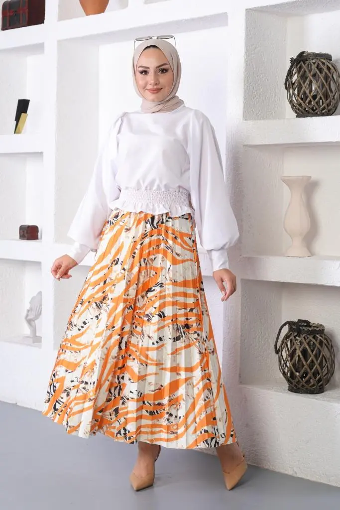 Orange Patterned Hijab Pleated Skirt