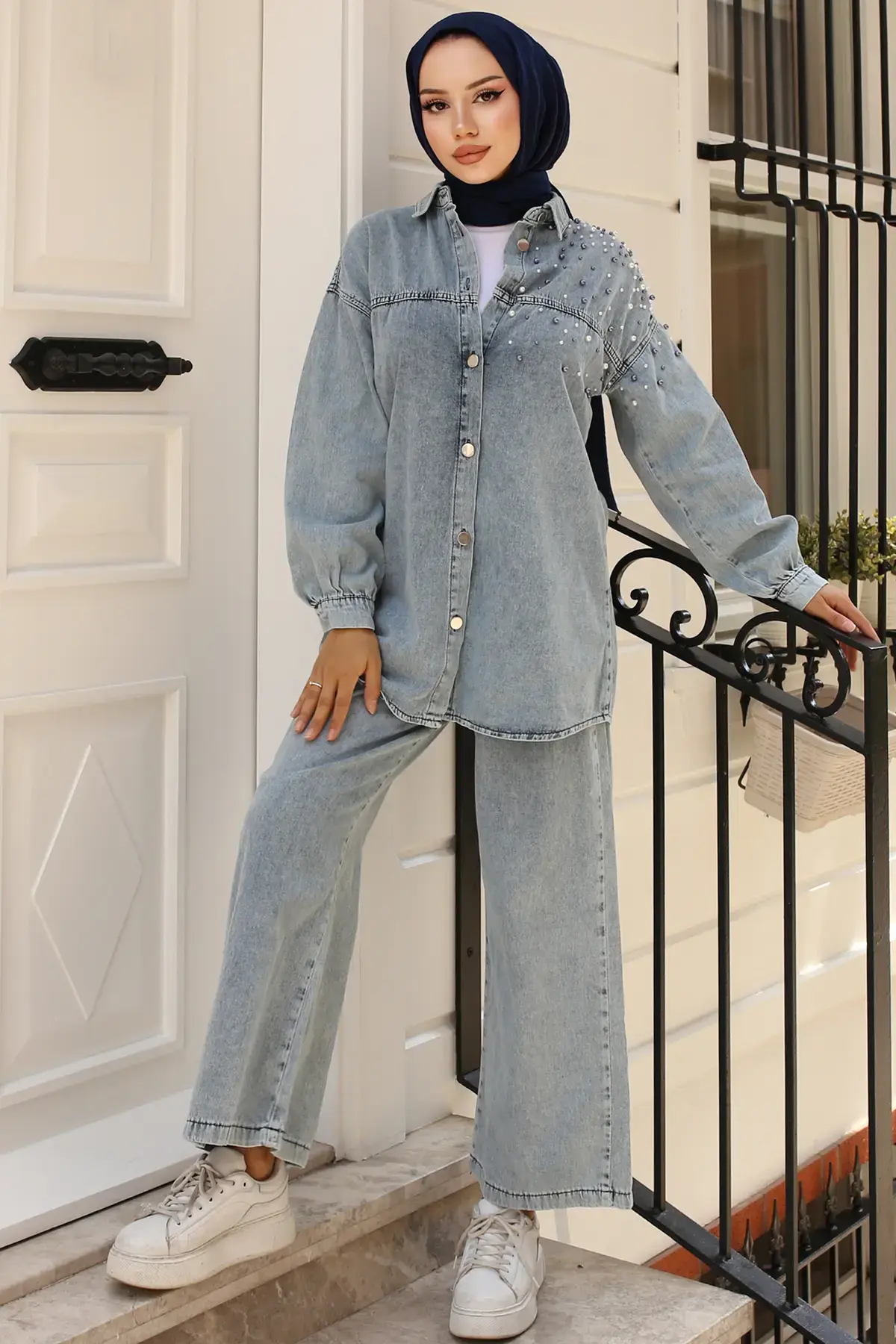 Pearl Detailed Denim Suit