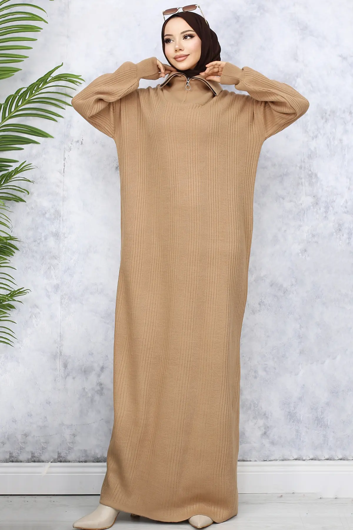 Ribbed Knitwear Dress With Zipped Collar