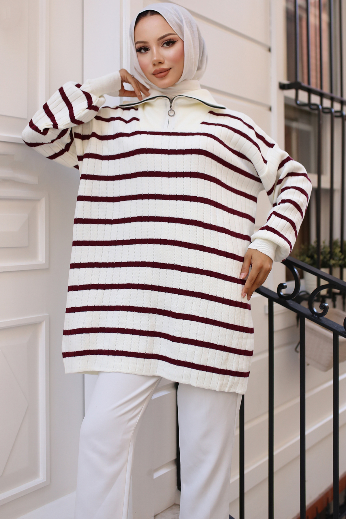 Ribbed Striped Sweater Tunic with Zipped Collar