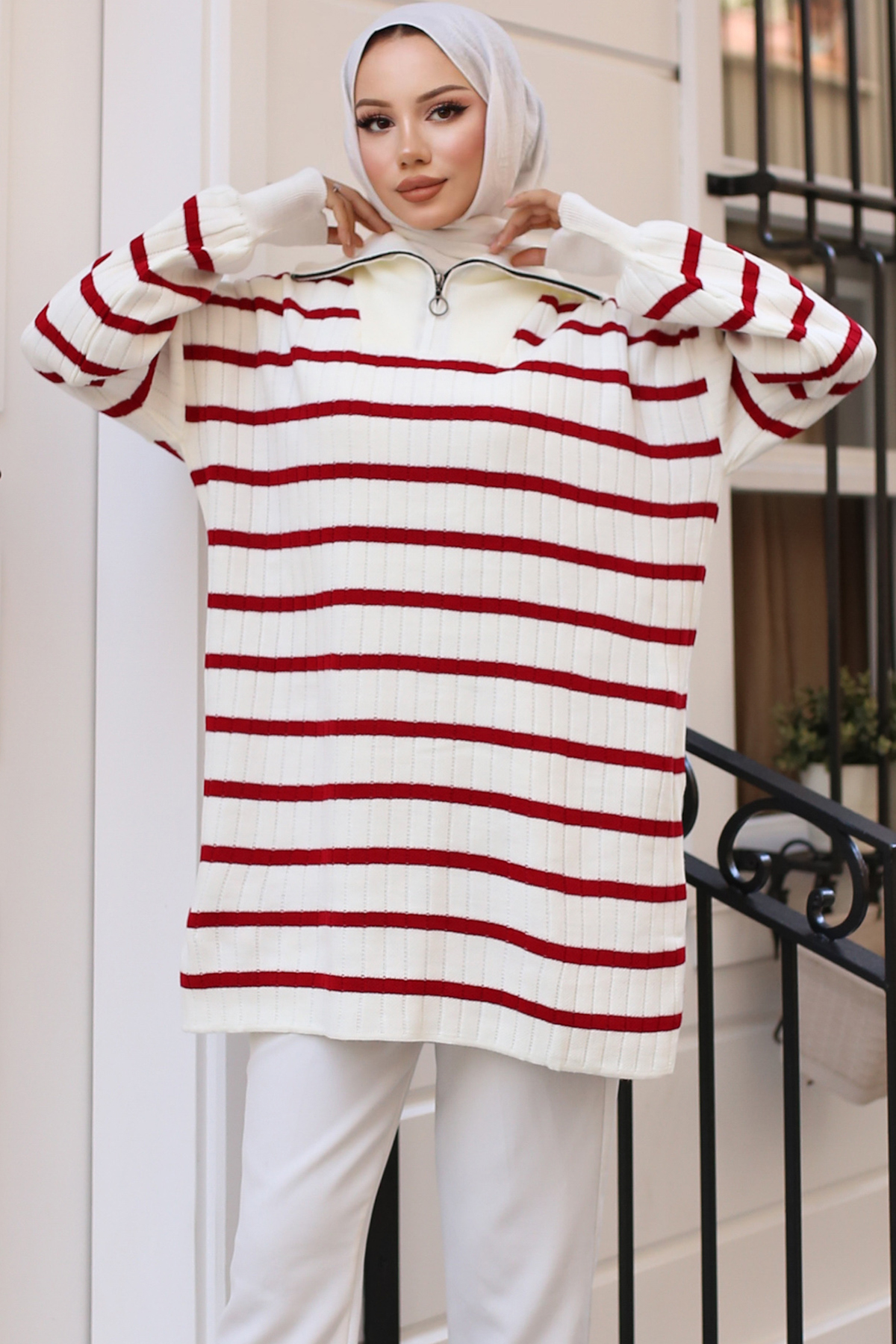 Ribbed Striped Sweater Tunic with Zipped Collar