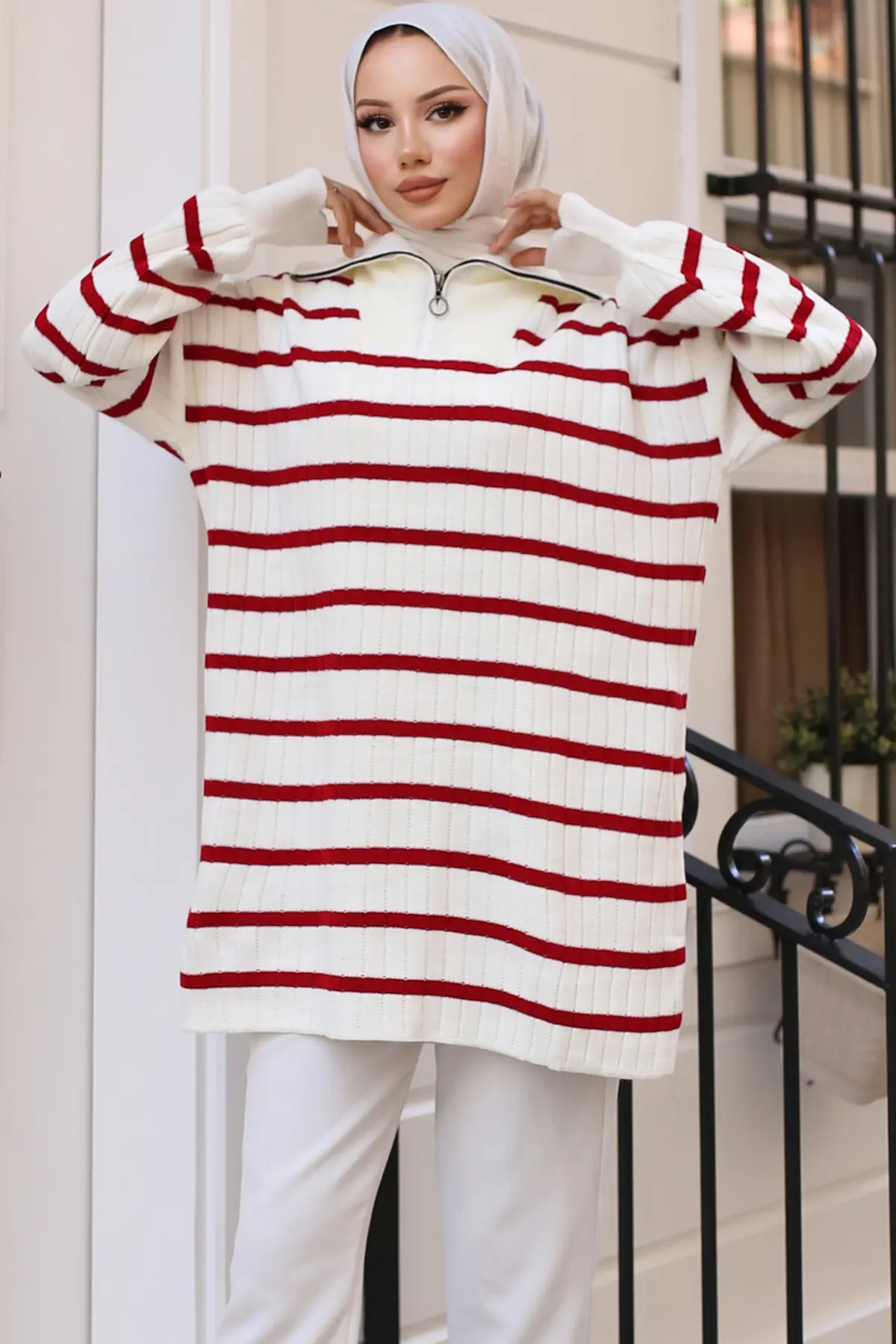 Ribbed Striped Sweater Tunic With Zipped Collar