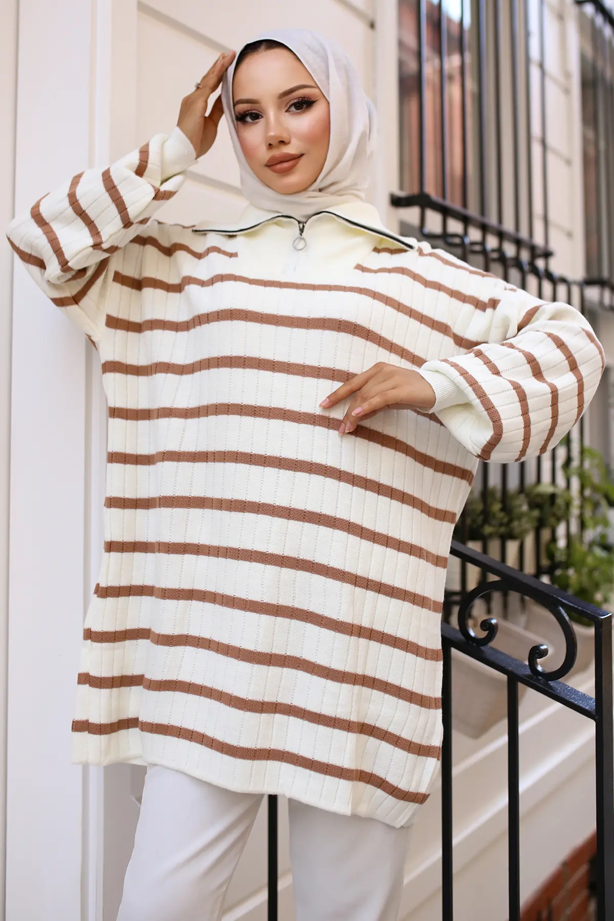 Ribbed Striped Sweater Tunic With Zipped Collar