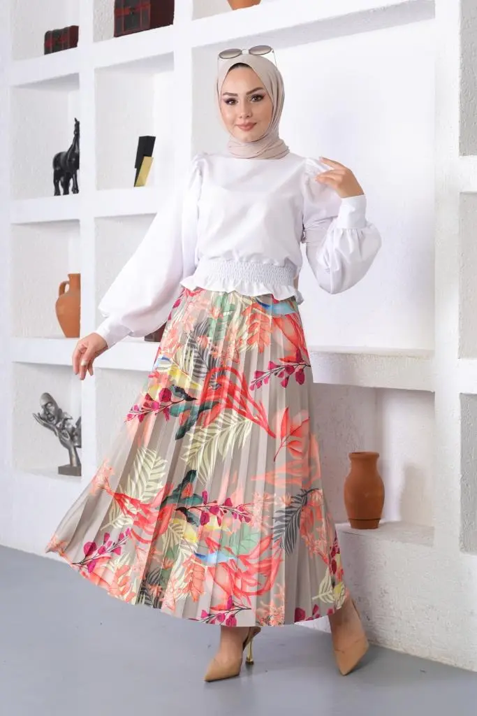 Rose Color Patterned Hijab Pleated Skirt