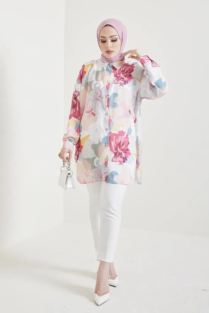 Rose Color Patterned Hijab Shirt 