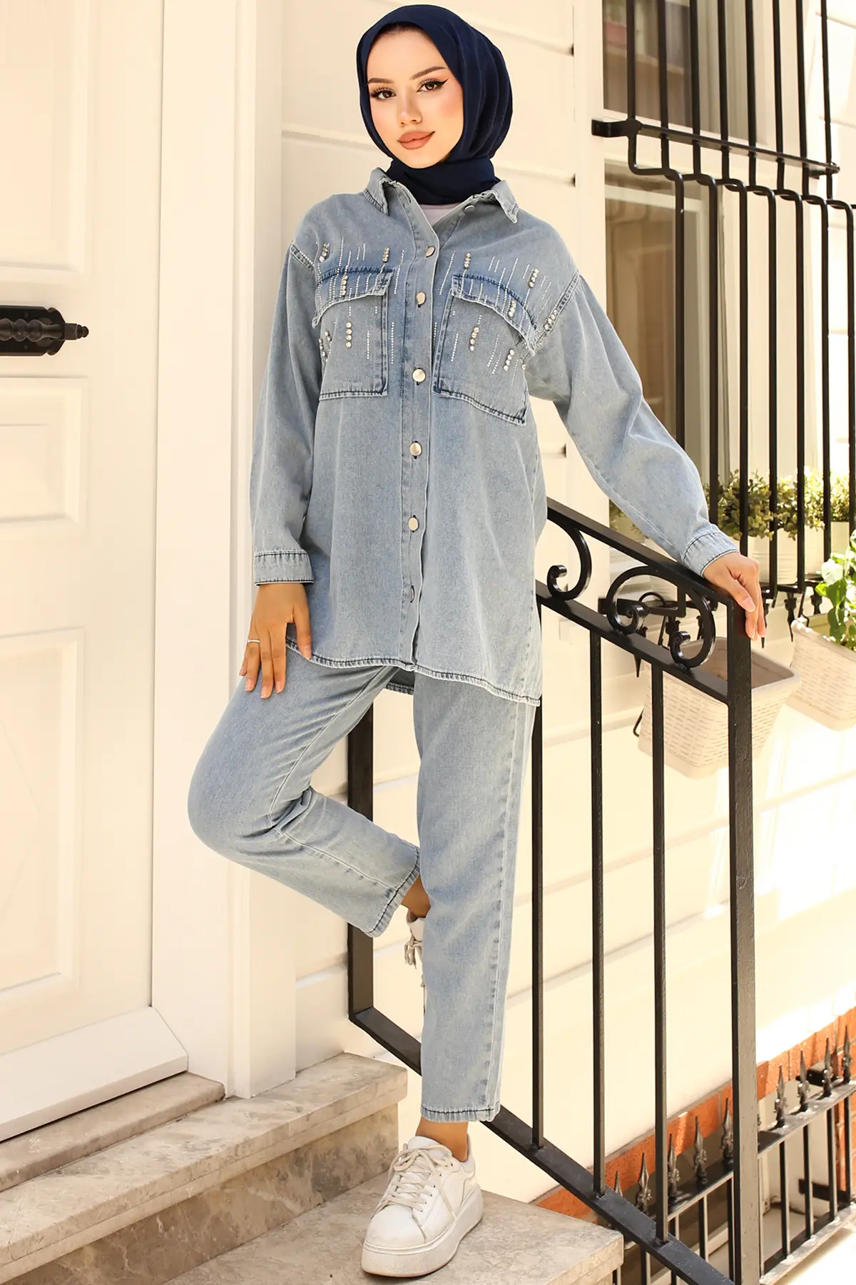 Stone Detailed Denim Suit