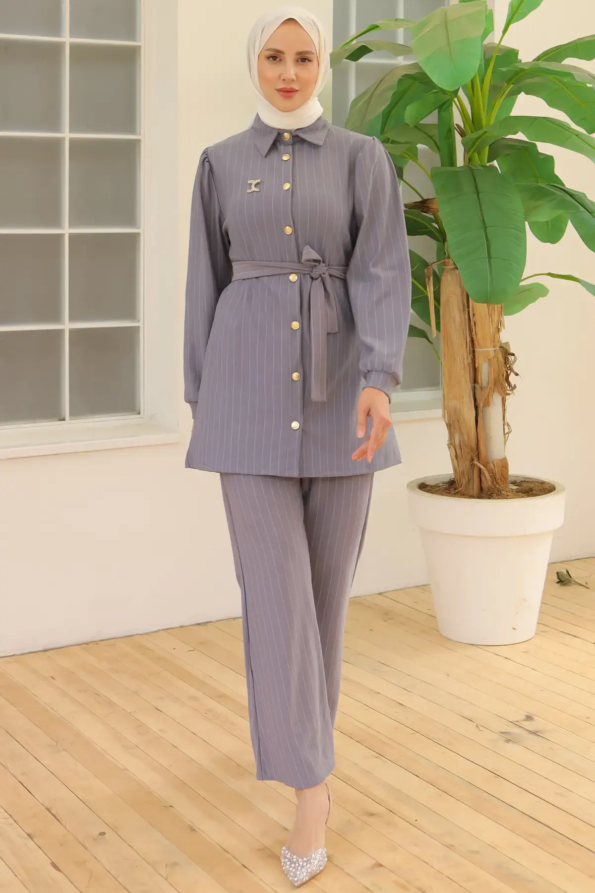 Striped Crepe Suit With Brooch