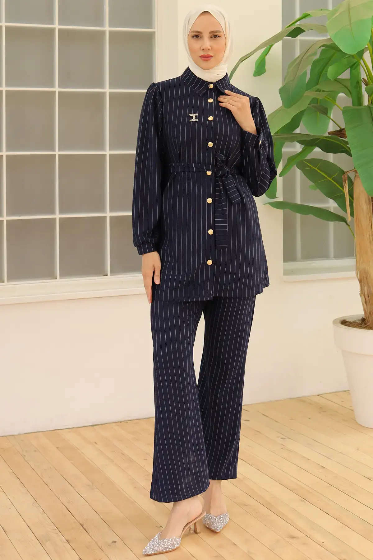 Striped Crepe Suit With Brooch