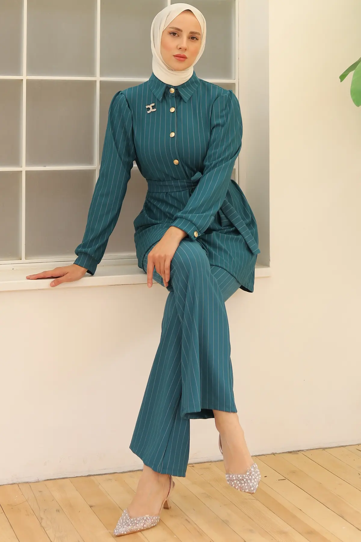 Striped Crepe Suit with Brooch