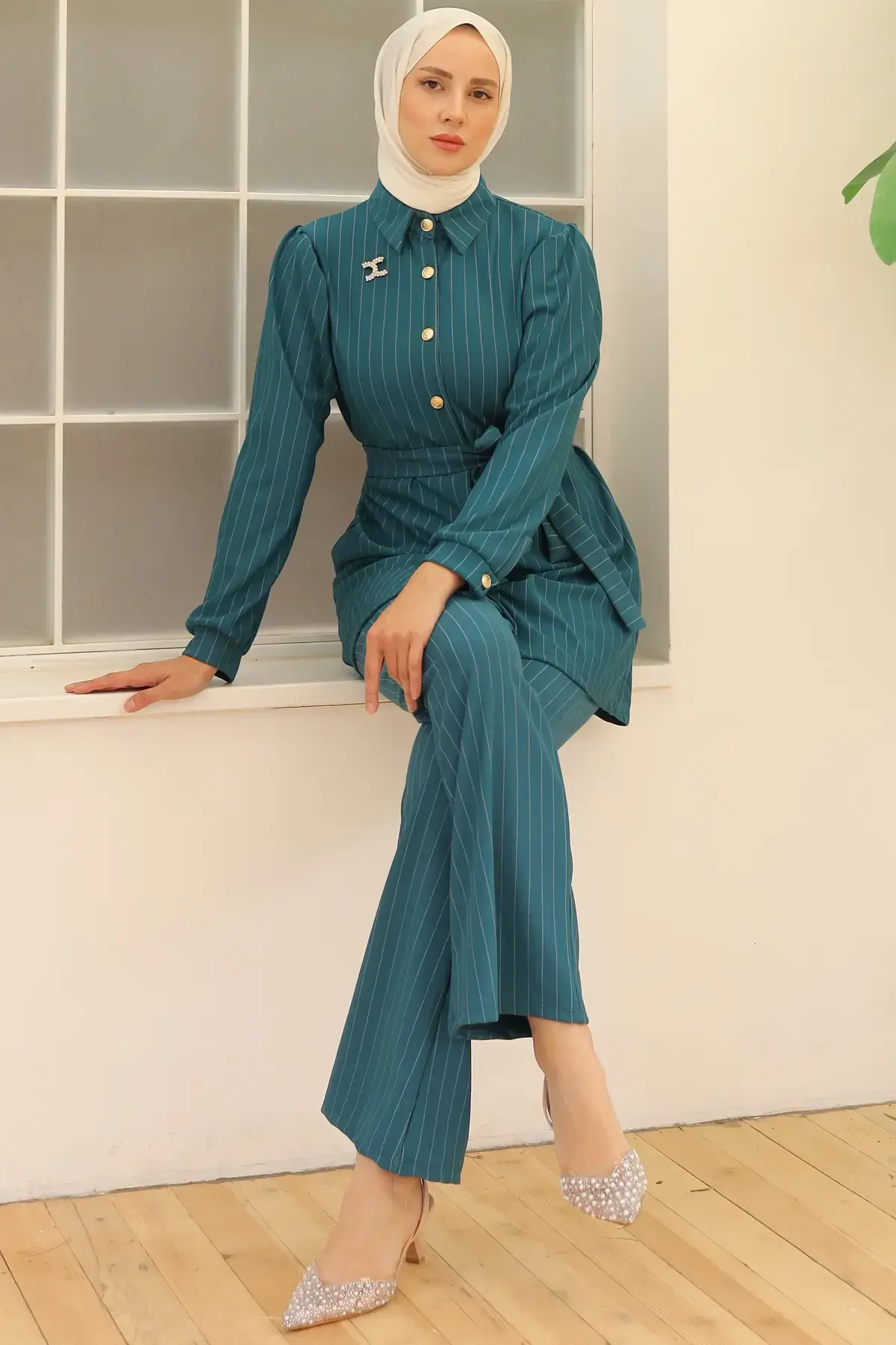 Striped Crepe Suit With Brooch