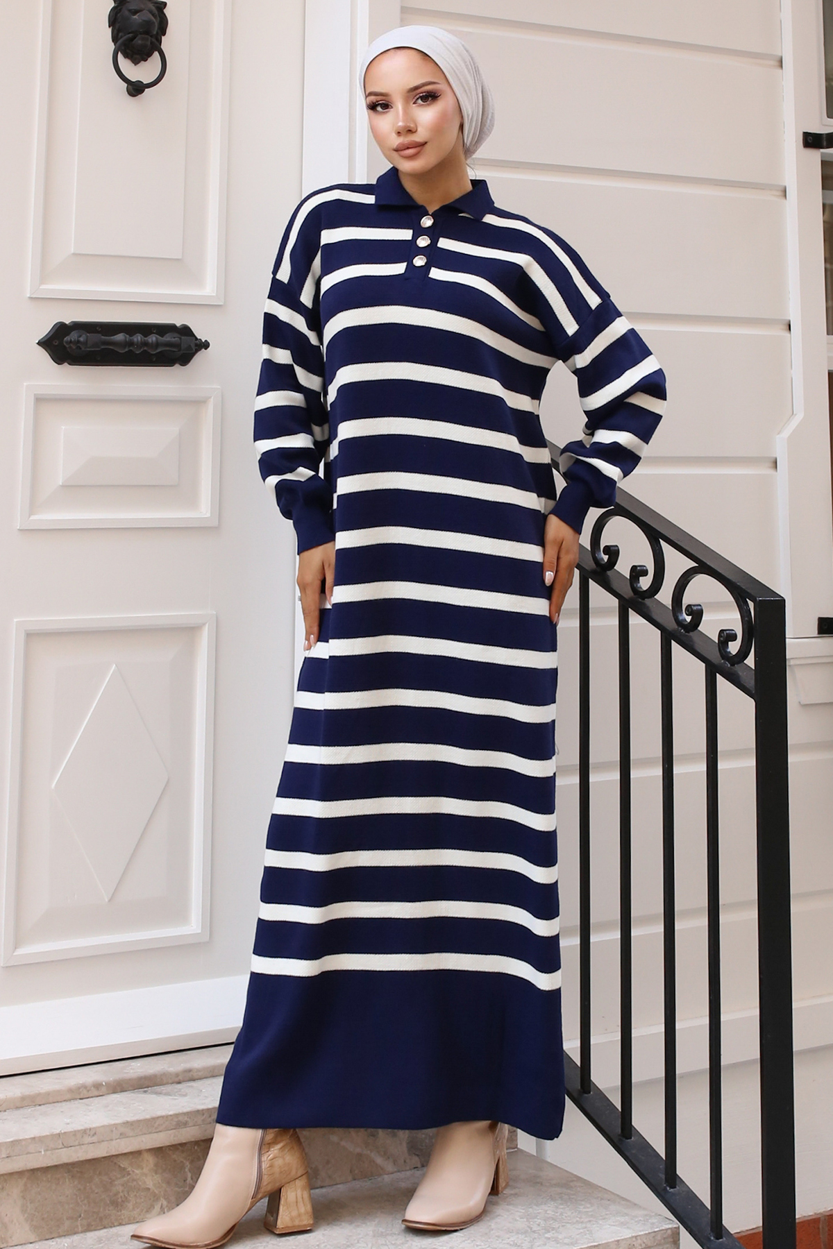 Striped Knit Dress with Button Detail on the Collar