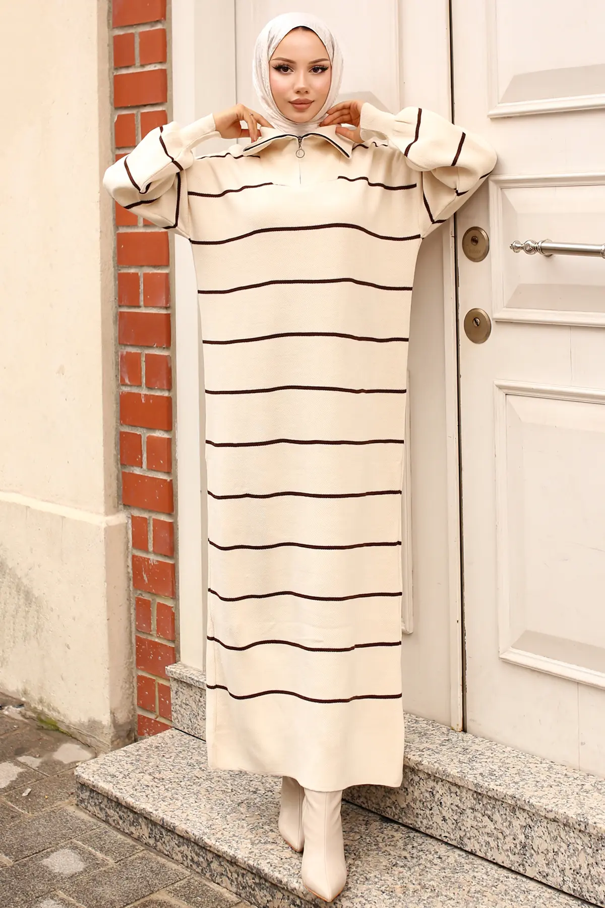 Striped Sweater Dress With Zipper Detail On Collar